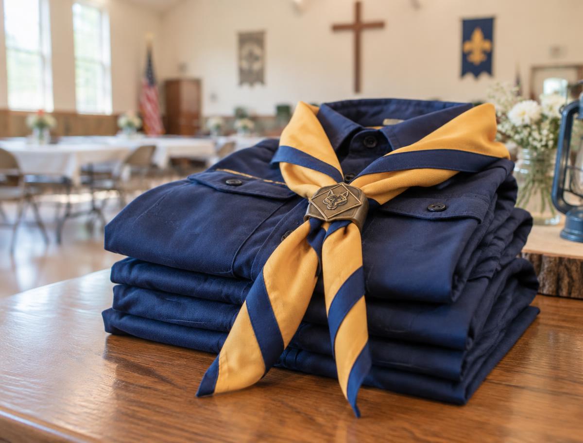 Folded Cub Scout uniform shirts with a gold and blue neckerchief